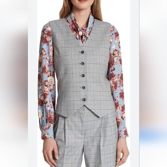 Tahari ASL Satin Back Plaid Vest Gray Blue Size 14 - Picture 1 of 13
